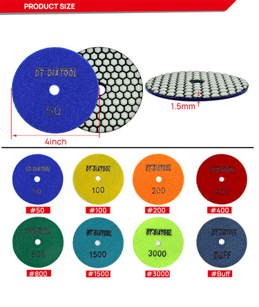 DT-DIATOOL Dry Diamond Polishing Pads for Marble Granite Stone 4 Inch Grit 50 to WBUFF,Backer Available