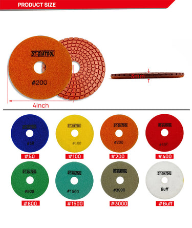DT-DIATOOL Diamond Wet Polishing Pads for Granite Marble Concrete Stone Grit 50 to 3000