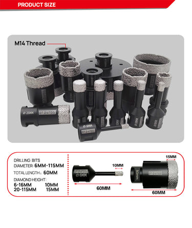 DT-DIATOOL Dry Vacuum Brazed Diamond Drilling Core Bits for Ceramic Tile Granite Marble Stone Dia 6-115mm Total Length 60MM