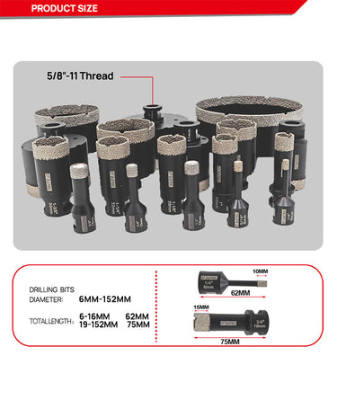 DT-DIATOOL Black Diamond Drill Core Bits Kit with Box and an Adapter for Tile Porcelain Granite Marble 5/8-11 Thread