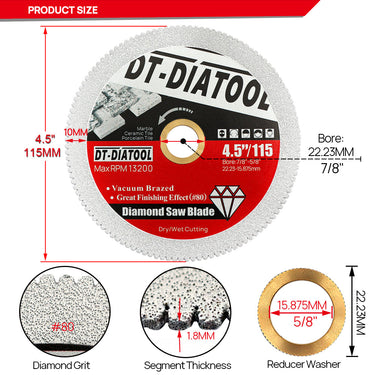 DT-DIATOOL Diamond Marble Cutting Disc 1/2/5pcs Dia 4.5"/115mm for Marble Granite Tile Stone Vacuun Brazed Saw Blades