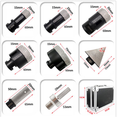 DT-DIATOOL  Diamond Drill Core Bits Sets 8pcs with box M14 Vacuum Brazed Dia 20/25/35/50/75mm+50mm Chamfer Bit+20mm milling bit +Hex adapter for Granite Porcelain Tile