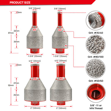 DT-Diatool Diamond Drilling Chamfering Milling Bit 1/2pcs 10-35/20-50mm for Porcelain Ceramic Marble Granite 58-11/M14 Thread