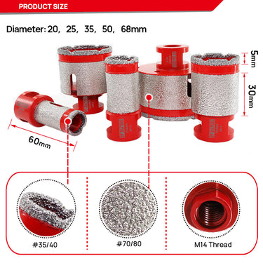DT-DIATOOL Diamond Drilling Milling Bit Vacuum Brazed Dia 20/25/35/50/68/75mm Processing Ceramic Marble Granite 5/8"-11 or M14 Thread