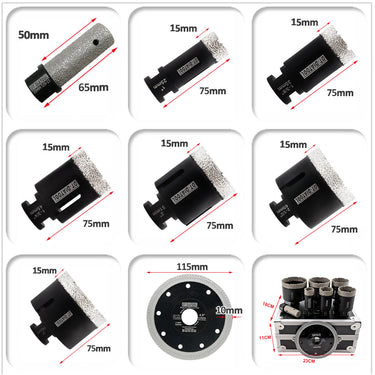 DT-DIATOOL Diamond Drilling Bits Kit with 5/8-11 Thread for Porcelain Tile Marble Granite 8pcs/box Dia 25/35/45/51/65/76mm+20mm Finger Bit+115mm Saw Blade