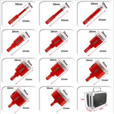 DT-DIATOOL Diamond Drilling Core Bits with Box  11Pcs Dia 6/8/10/20/25/28/32/35/45/50/65mm for Porcelain Tile Marble Granite Vacuum Brazed Hole Saw  Triangle Shank