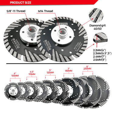 DT-DIATOOL Diamond Turbo Blade with 5/8-11 or M14 Thread for Cutting Granite Marble Concrete Hard Stones Dia 4''/4.5''/5''/7''/9''