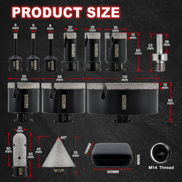 Diatool Premium 12pcs Diamond Drill Bit for Tile Marble Granite Hole Saw Chamfer Milling Bit Adapter Diamond Crown EVA Tool Kit
