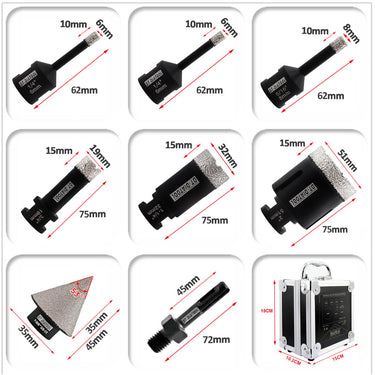 DT-DIATOOL  Diamond Drill Bits with box 5/8"-11 Thread 8pcs Dia 6/6/8/19/32/51mm+35mm Chamfer Bit+SDS Aapter for Tile Granite Marble Vacuum Brazed  Holes Core Bits