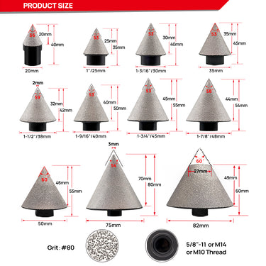 DT-DIATOOL Diamond Beveling Chamfer Bits M14 Thread for Granite Marble Tiles Existing Holes Enlarging Polishing Shaping Size of 20-82mm