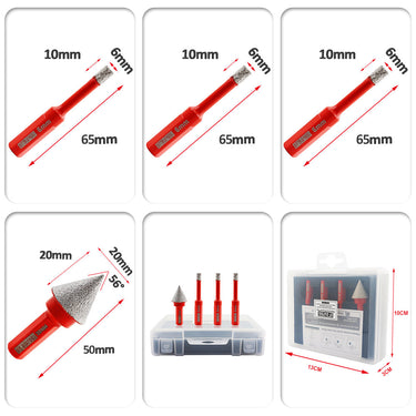 DT-DIATOOL Diamond Drilling Bits 4pcs/Box with Triangle Shank 3pcs 6mm Core Bit+20mm Chamfer Bit for Porcelain Tile Marble Granite Hole Saw