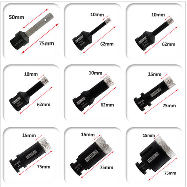DT-DIATOOL Diamond Drilling Bits Kit with 5/8-11 Thread for Porcelain Tile Marble Granite 9pcs/box Dia 6/8/10/16/19/25/32/51mm+10mm Finger Bit