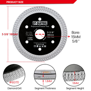 DT-DIATOOL X Mesh Turbo Diamond Saw Blade for Cutting Tile Porcelain Ceramic Granite Marble 85mm