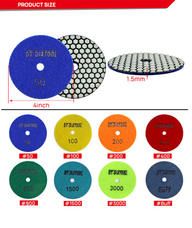 DT-DIATOOL Dry Diamond Polishing Pads for Granite Marble Quartz Stone Countertop Tiles 4 Inch Grit 50 to Grit 3000