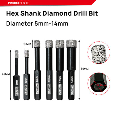 DT-DIATOOL Vacuum Brazed Dry Diamond Drilling Core Bits with Hexagon Shank for Granite Marble Ceramic Tile Glass