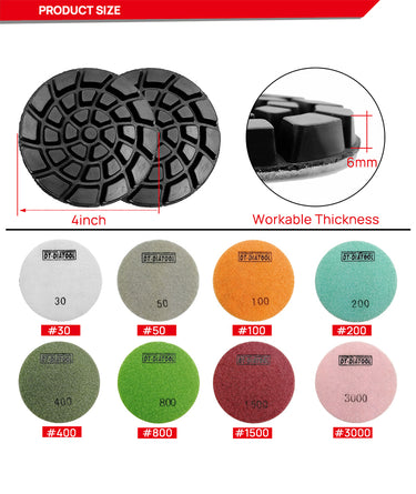 DT-DIATOOL Diamond Floor Polishing Pads Resin Bond Terrazzo Floor Diameter 4 Inch Grit 50 to Grit 3000 6pcs