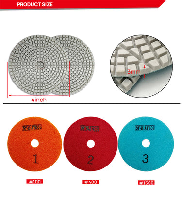 DT-DIATOOL Three Step Resin Bond Sanding Discs 4" Professional Diamond Wet Polishing Pads Suitable for Marble Stone Concrete
