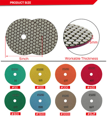 DT-DIATOOL Dry Diamond Polishing Pads for Marble Granite Stone 5 Inch Grit 50 to WBUFF,Backer Available