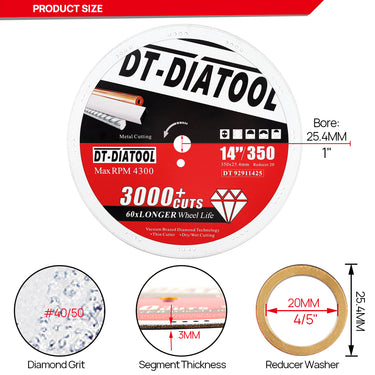 DT-DIATOOL Vacuum Brazed Diamond Metal Cutting Disc for Steel Tube Iron Rebar Dia 14"/350mm