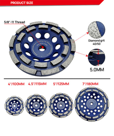 DT-DIATOOL Diamond Double Row Cup Grinding Wheel with 5/8-11 Thread Wet or Dry Grinding for Concrete Abrasive Material Size 4''/4.5''/5''/7''