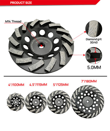 DT-DIATOOL Diamond Segmented Turbo Row Cup Grinding Wheel with M14 Thread for Concrete Hard Stone 4''/4.5''/5''/7''