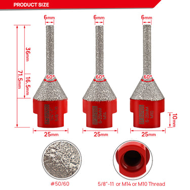 DT-DIATOOL Diamond Chamfering Finger Bit with 5/8-11 or M14 or M10 Thread for Porcelain Ceramic Tile Marble Dia 6mmx25mm